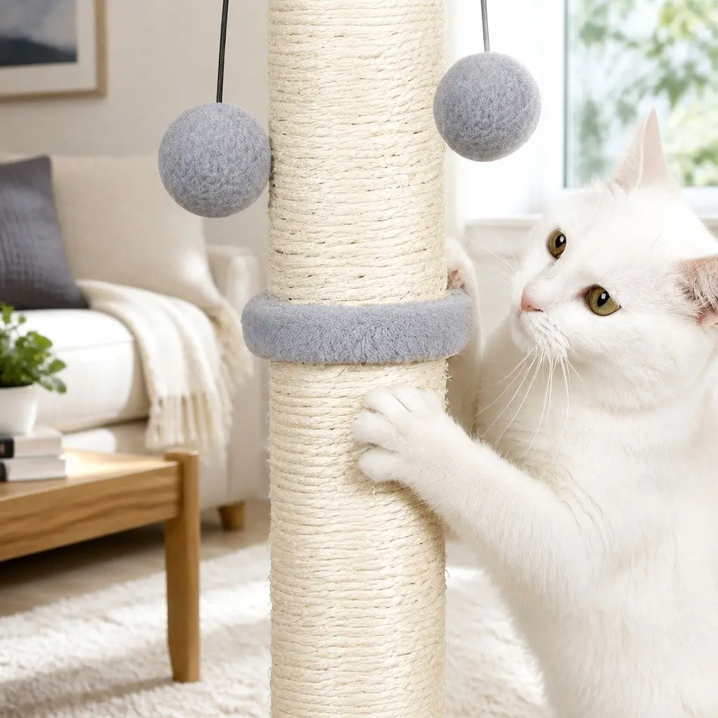 Cat Scratching Post Tower Natural Sisal Rope Plush Balls Interactive Play