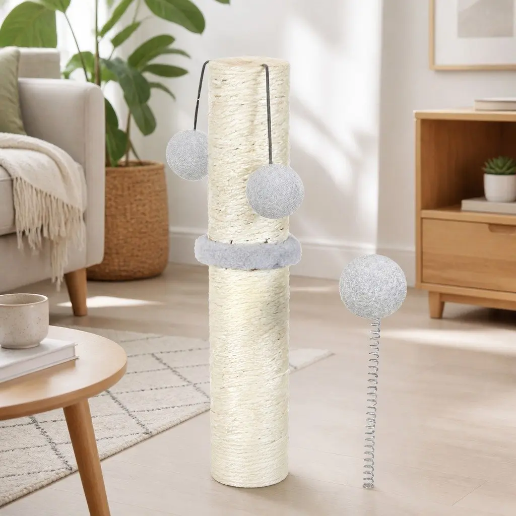 Cat Scratching Post Tower Natural Sisal Rope Plush Balls Interactive Play