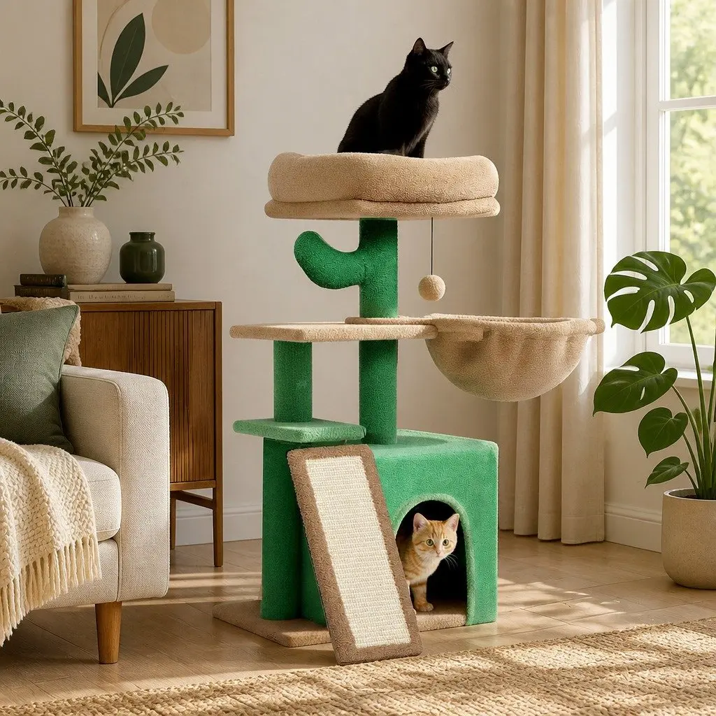 Cat Tree Green Brown Multi-Level Scratching Post Climbing Condo Perch Playhouse Bed