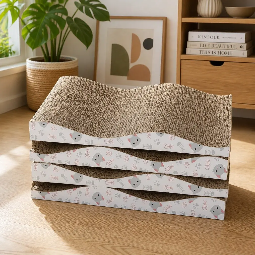 Cat Scratching Board Bed 4-Pack Curved Design Reversible Cardboard Pet Furniture