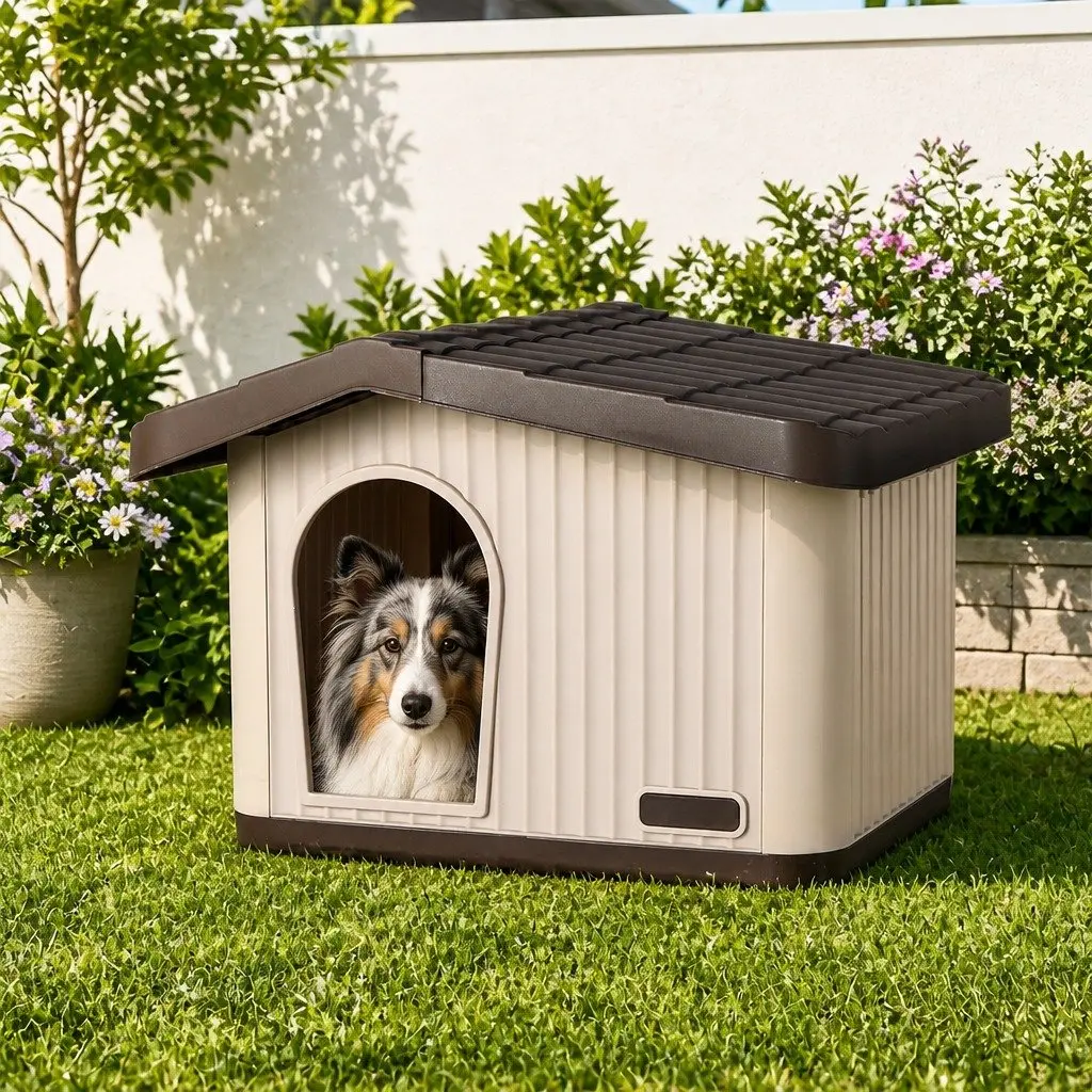 Plastic Dog Kennel Beige Brown Small Portable Indoor Outdoor Ventilation Easy