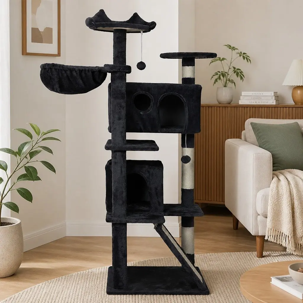 Cat Tree Dark Grey 145cm Multi-Level Tower with Condos Platforms Scratching Posts and Hanging Toys
