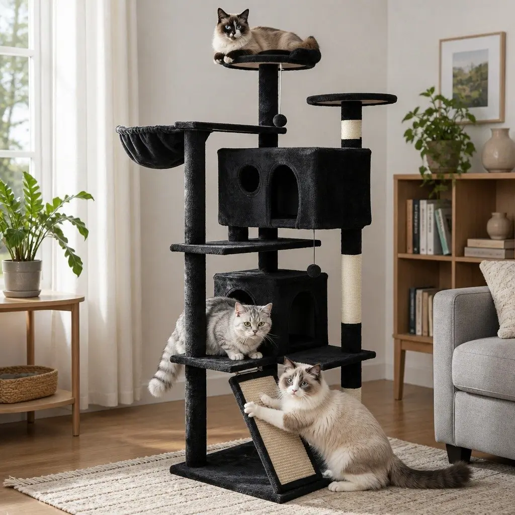 Cat Tree Dark Grey 145cm Multi-Level Tower with Condos Platforms Scratching Posts and Hanging Toys
