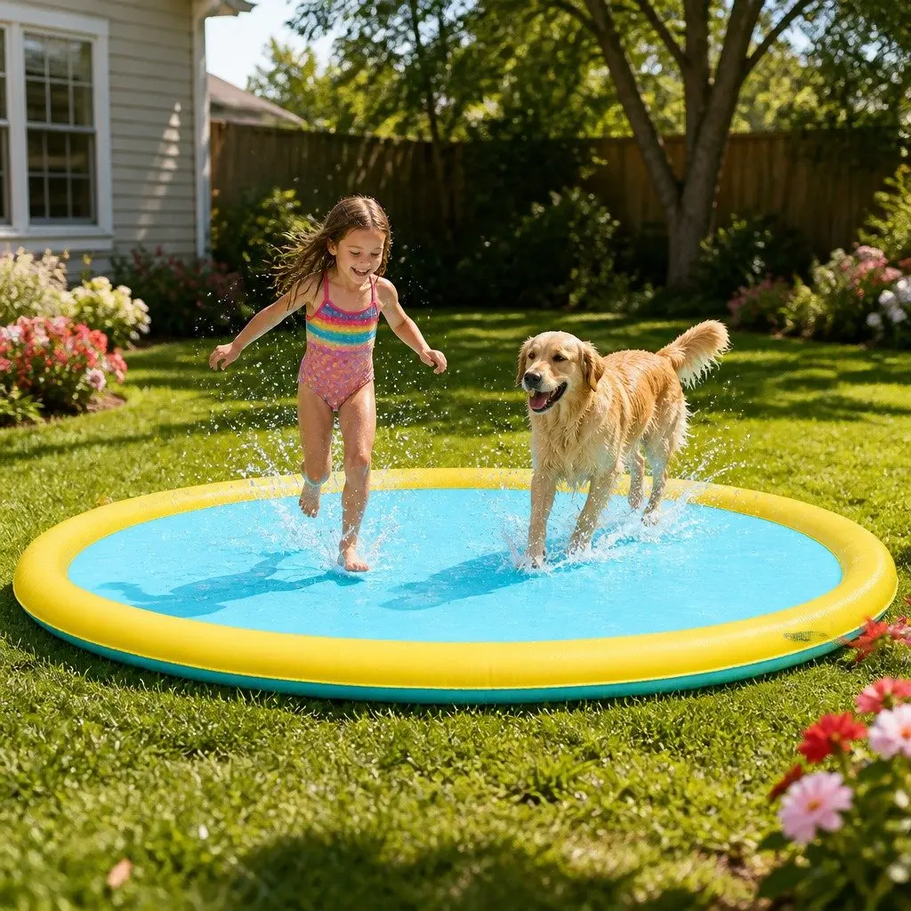 Splash Pad Blue Yellow 240cm Kids Pet Sprinkler Water Play Mat Adjustable Non-Slip Bottom Outdoor Summer Fun