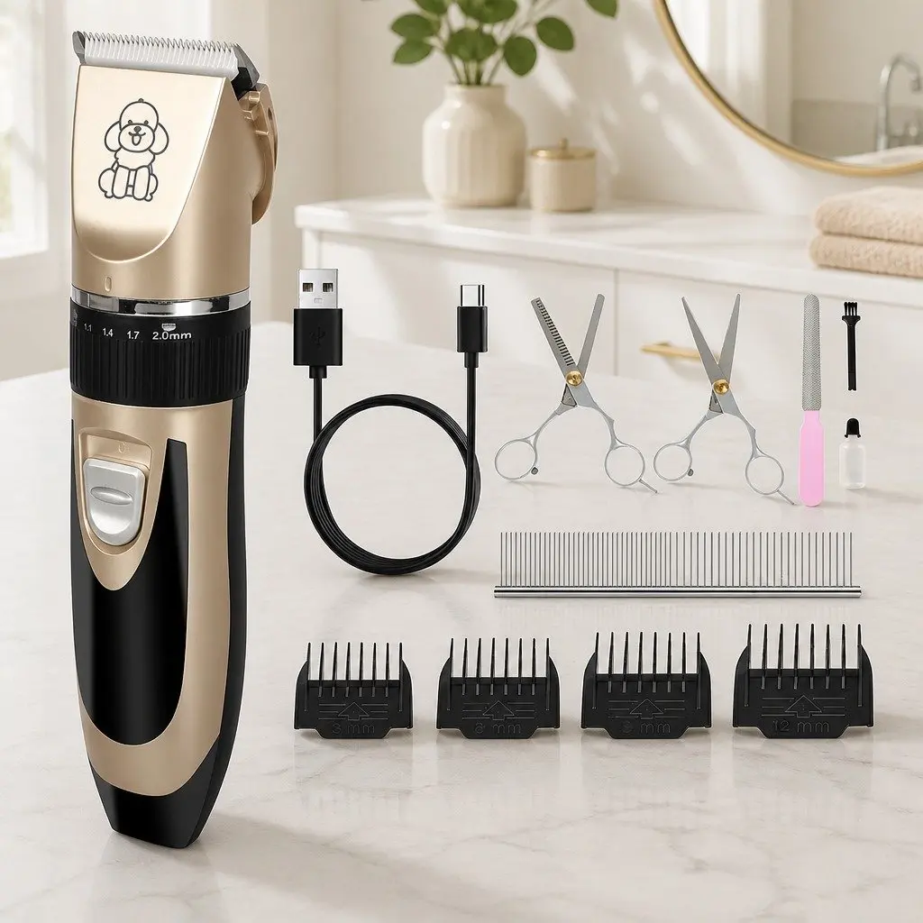 Pet Clipper Gold Cordless Rechargeable Quiet Grooming Trimmer Kit with Adjustable Blade and Four Guide Combs