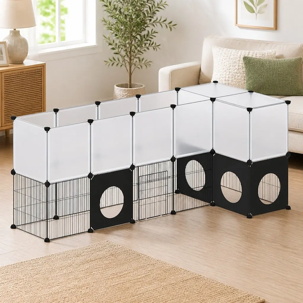 Small Animal Playpen Black Transparent DIY Modular Fence 36 Panels Flexible Configuration