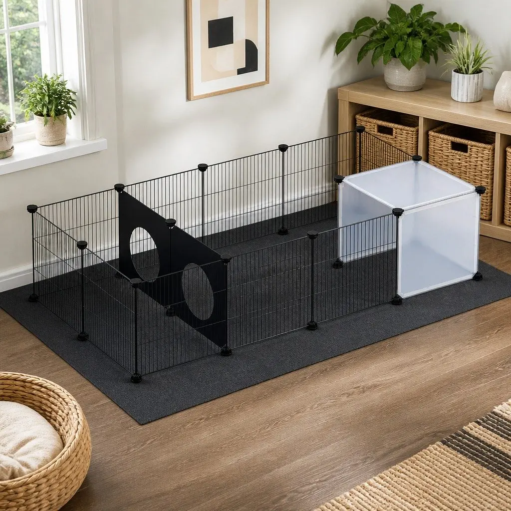 Guinea Pig Pet Playpen Black and Transparent 16 Panels DIY Modular Enclosure for Small Pets Indoor