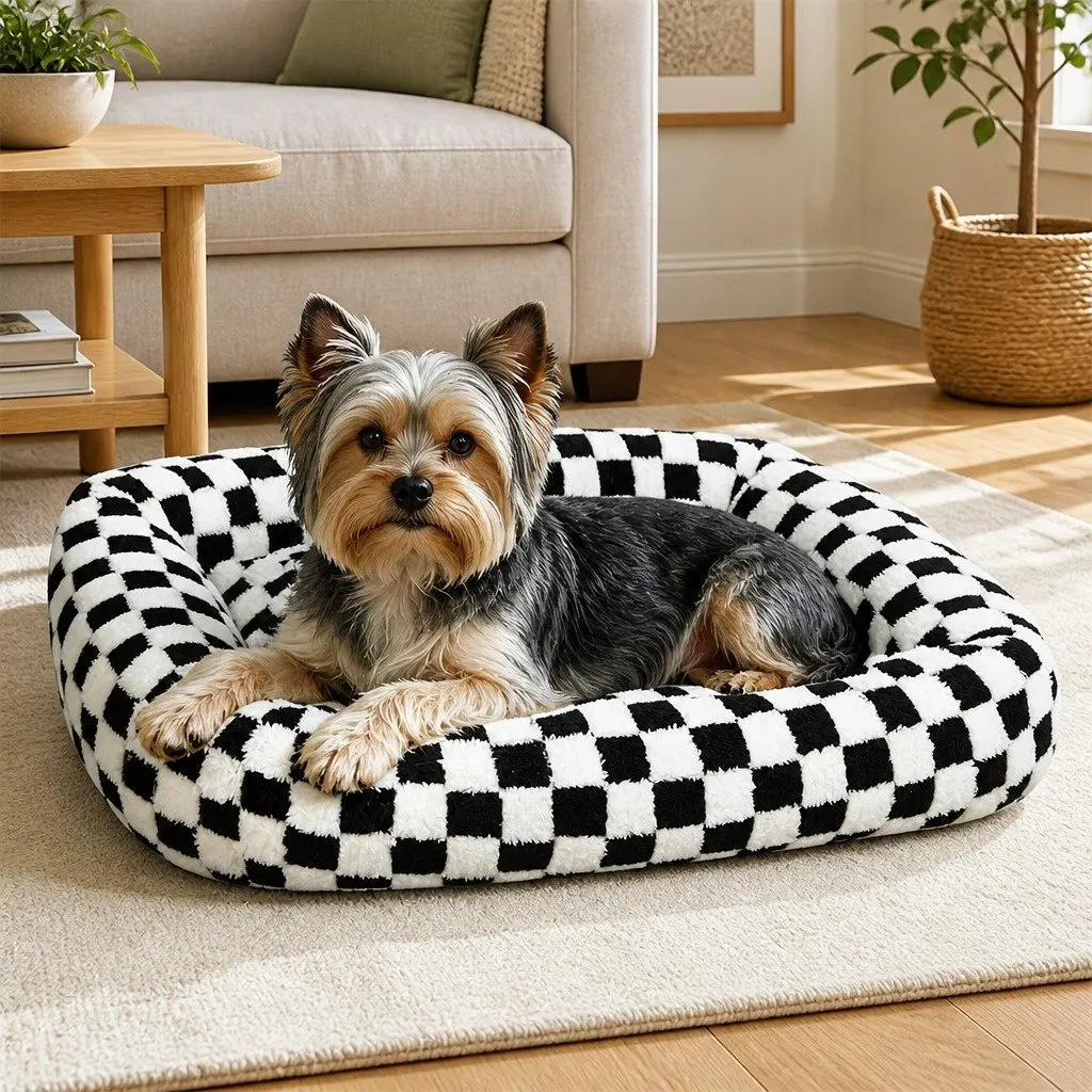 Dog Bed Black and White Checkered 60cm Soft Plush Washable Removable Cover Raised Bolsters Support