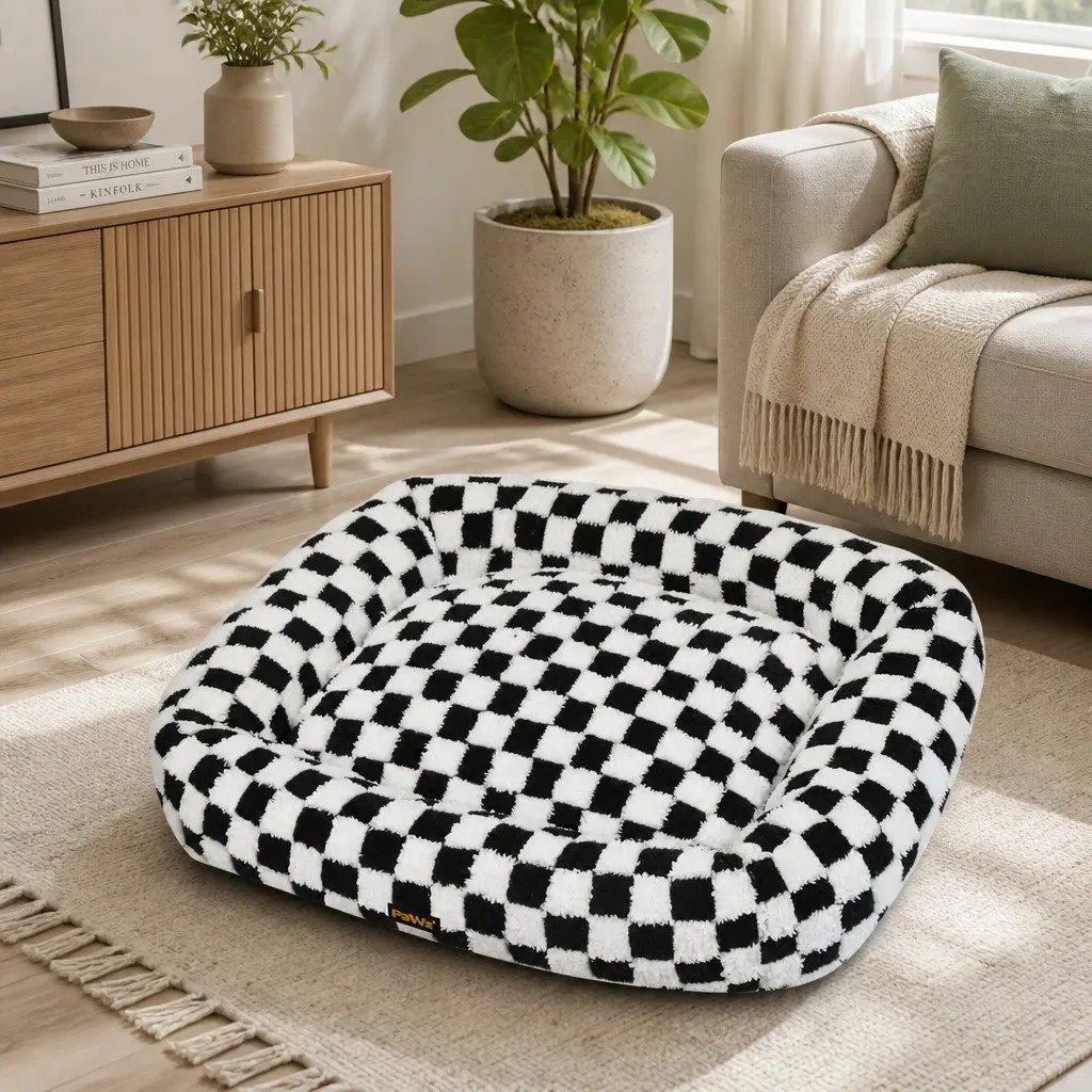 Dog Bed Black and White Checkered 60cm Soft Plush Washable Removable Cover Raised Bolsters Support