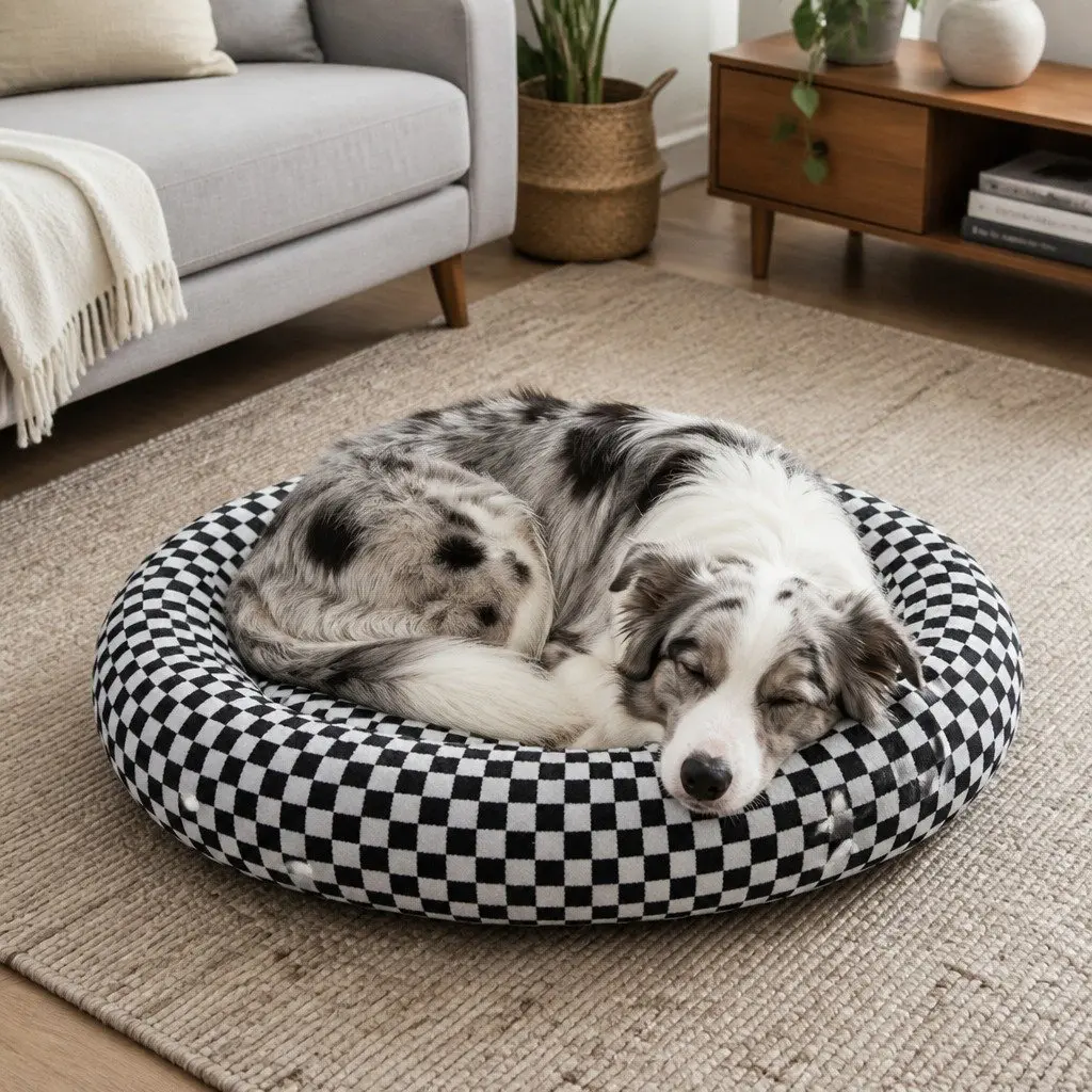 Circular Plush Dog Cosy Bed Checkered Calming Pet Bed Removable Washable Cover