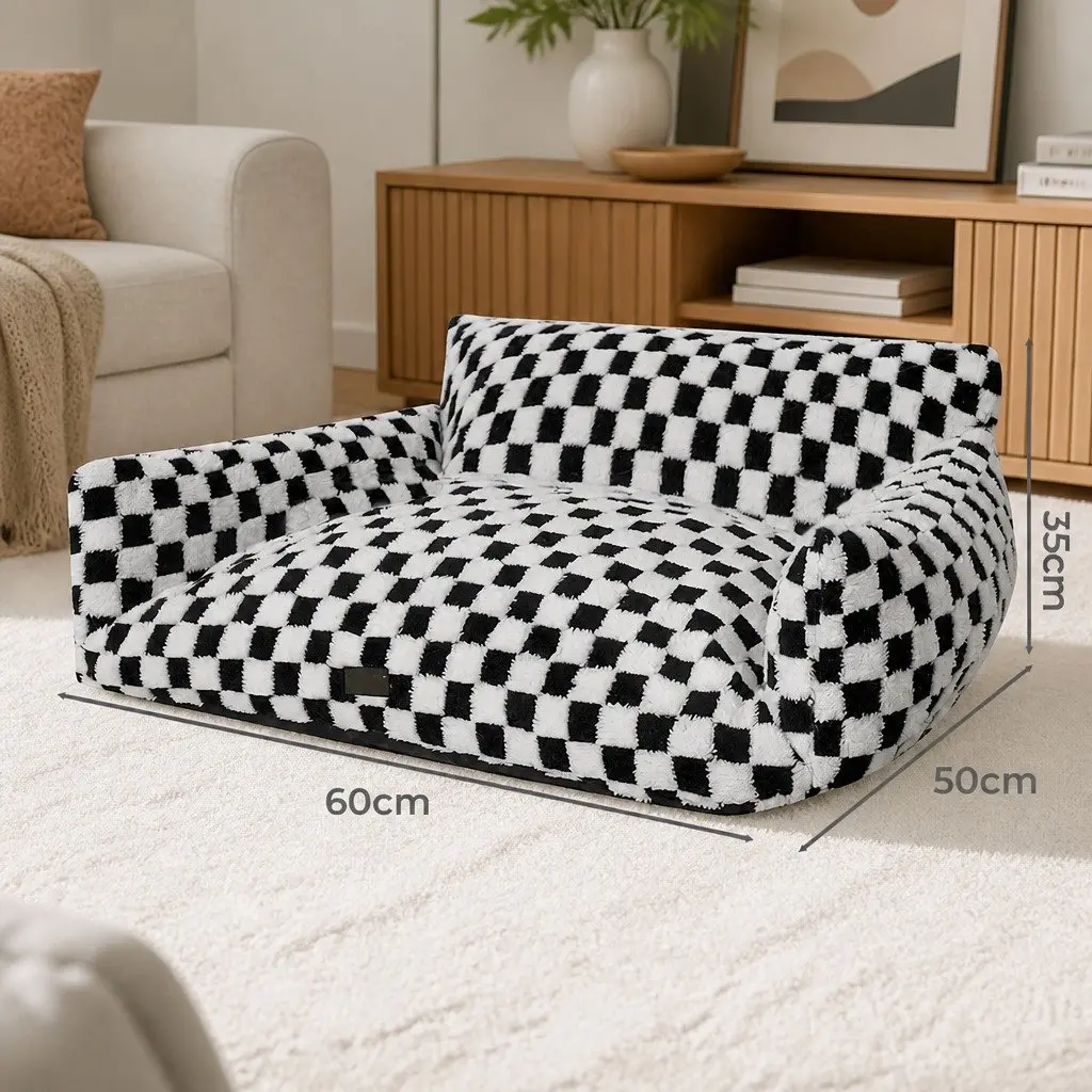 Pet Bed Black and White Checkered 60cm Soft Plush Fabric Removable Washable Cover Raised Bolsters