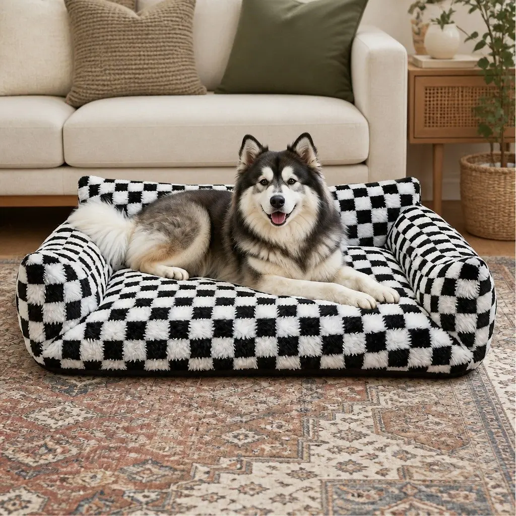Pet Bed Black and White Checkered 100cm Soft Plush Fabric Removable Washable Cover Raised Bolsters