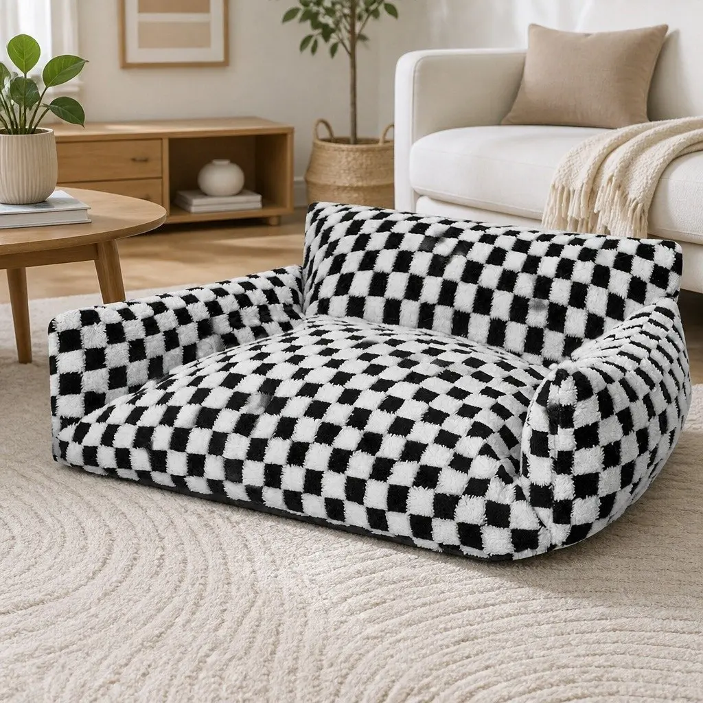Pet Bed Black and White Checkered 100cm Soft Plush Fabric Removable Washable Cover Raised Bolsters