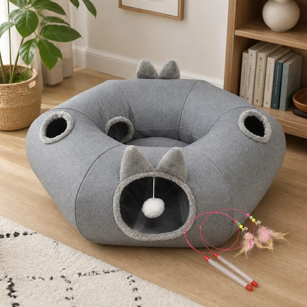 Cat Tunnel Bed Grey 2-in-1 Foldable Indoor Playhouse with Removable Donut Bed