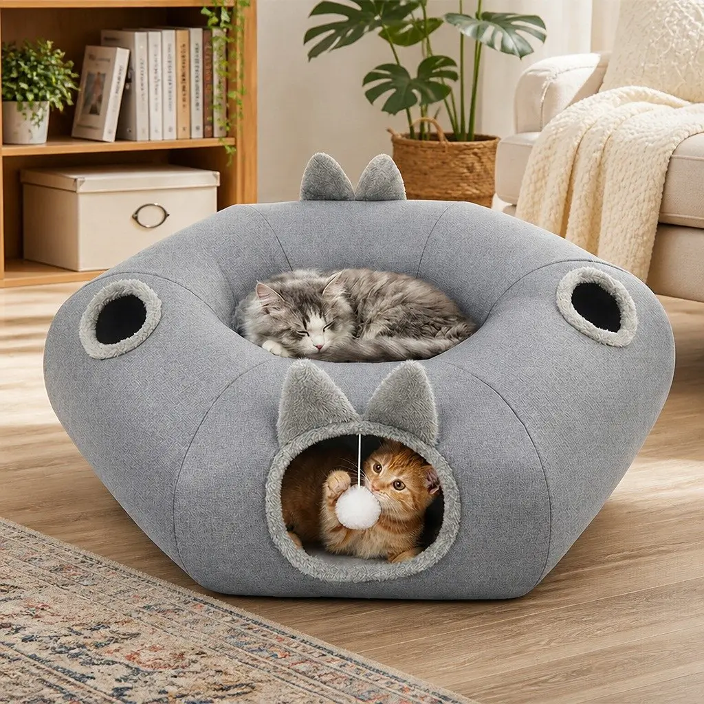Cat Tunnel Bed Grey 2-in-1 Foldable Indoor Playhouse with Removable Donut Bed