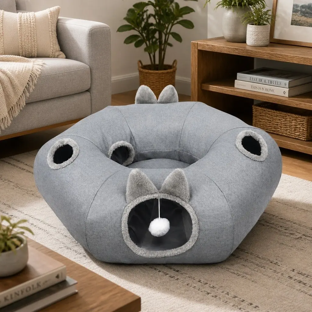 Cat Tunnel Bed Grey 2-in-1 Foldable Indoor Playhouse with Removable Donut Bed