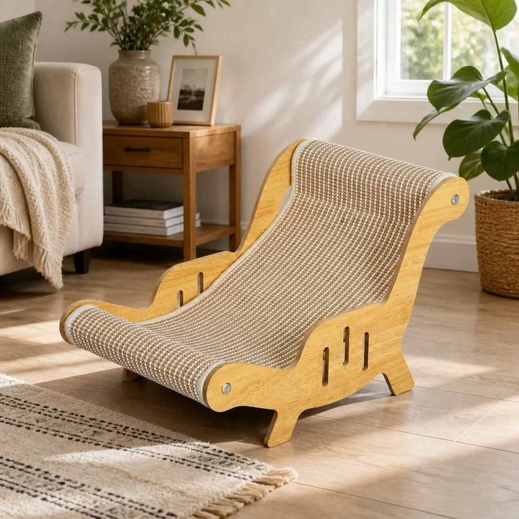 Cat Scratcher Bed Lounge Chair Light Wood Light Brown Two-in-One Resting Pad Indoor Furniture