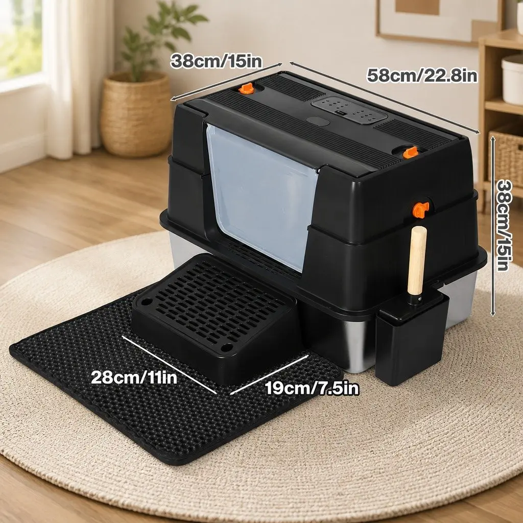 Stainless Steel Cat Litter Box Black Large Enclosed High Sided Odor Control