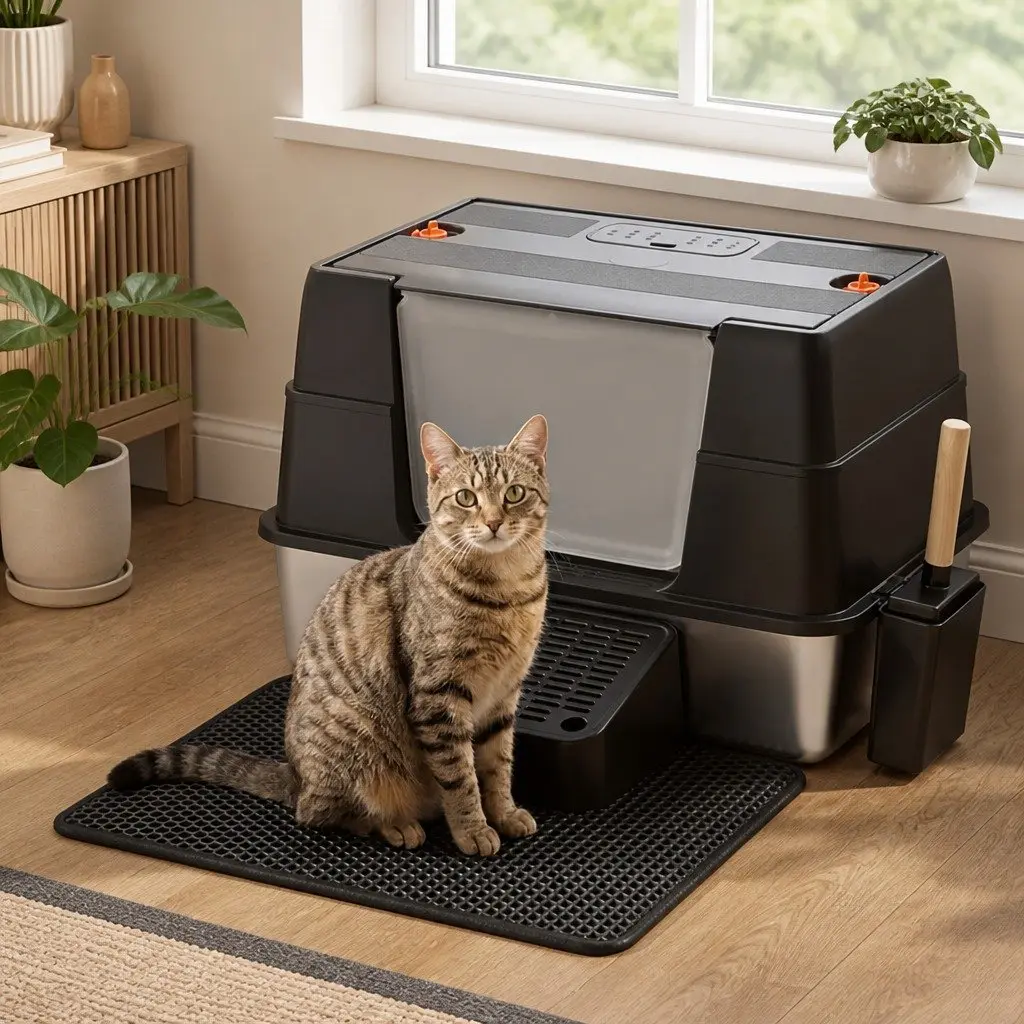 Stainless Steel Cat Litter Box Black Large Enclosed High Sided Odor Control