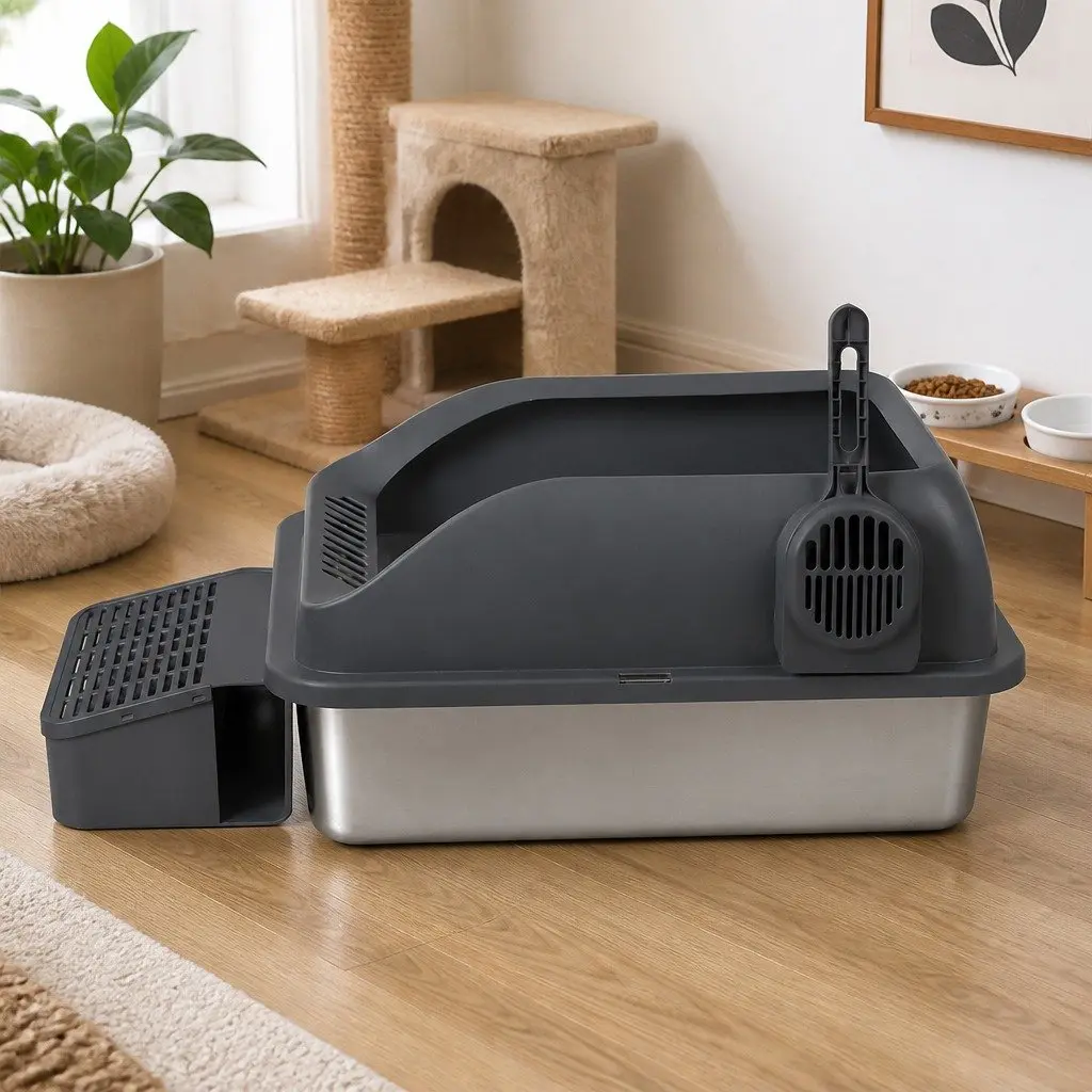 Stainless Steel Cat Litter Box Grey Large High Sided Semi Enclosed Easy Clean