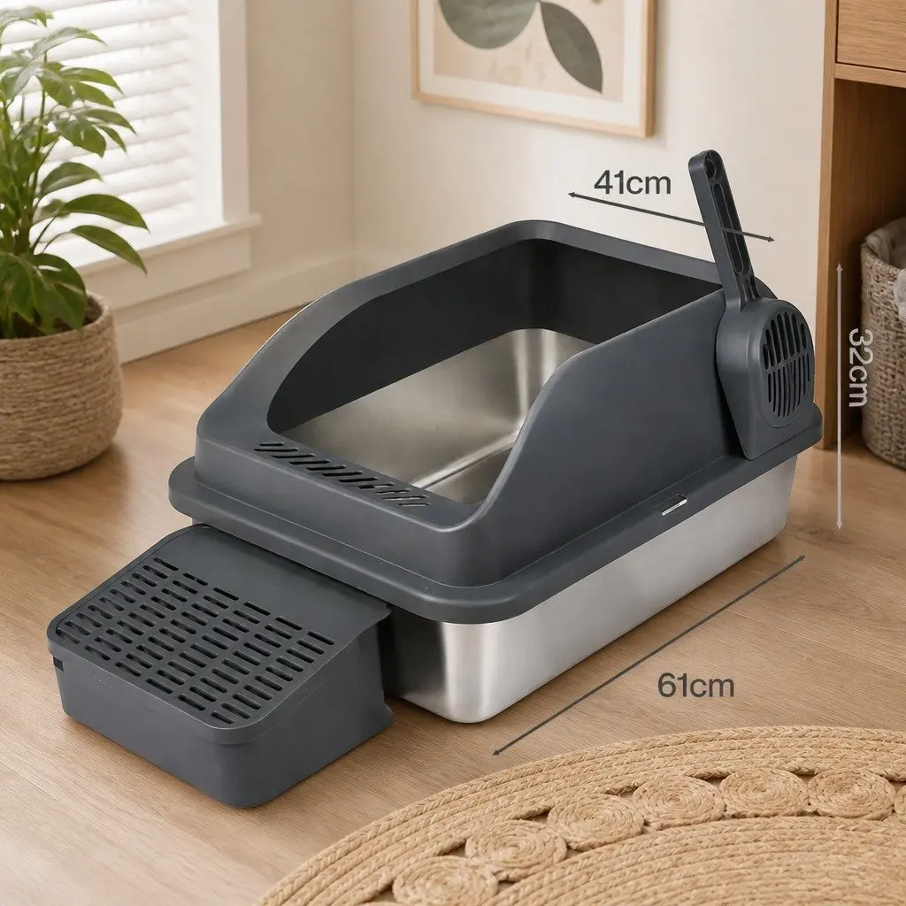 Stainless Steel Cat Litter Box Grey Large High Sided Semi Enclosed Easy Clean