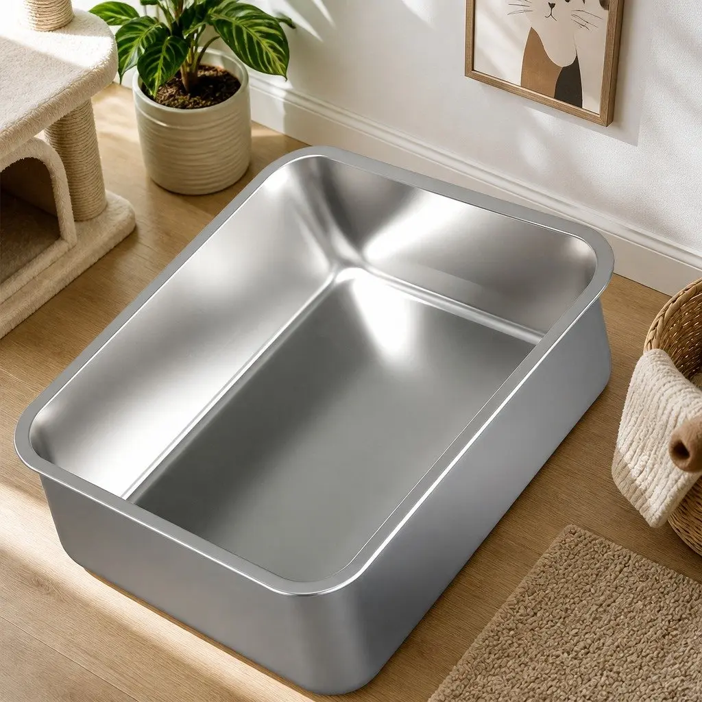 Stainless Steel Cat Litter Box Grey Large High Sided Semi Enclosed Easy Clean