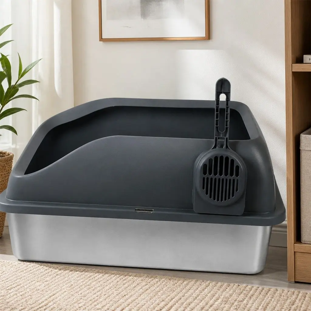 Stainless Steel Cat Litter Box Grey Large High Sided Semi Enclosed Easy Clean