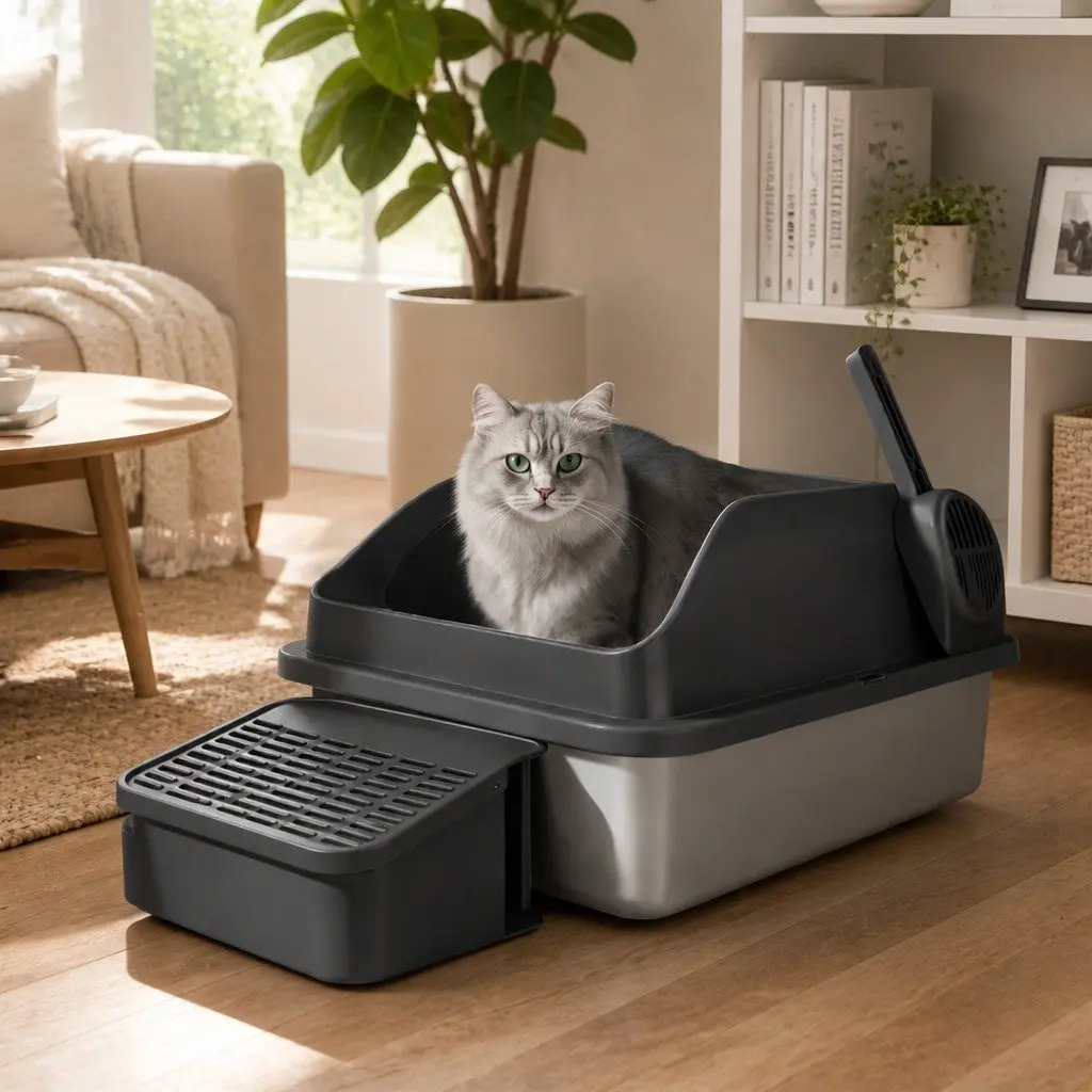 Stainless Steel Cat Litter Box Grey Large High Sided Semi Enclosed Easy Clean