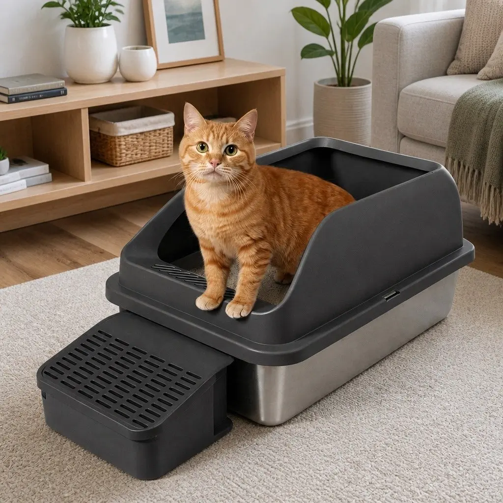 Stainless Steel Cat Litter Box Grey Large High Sided Semi Enclosed Easy Clean