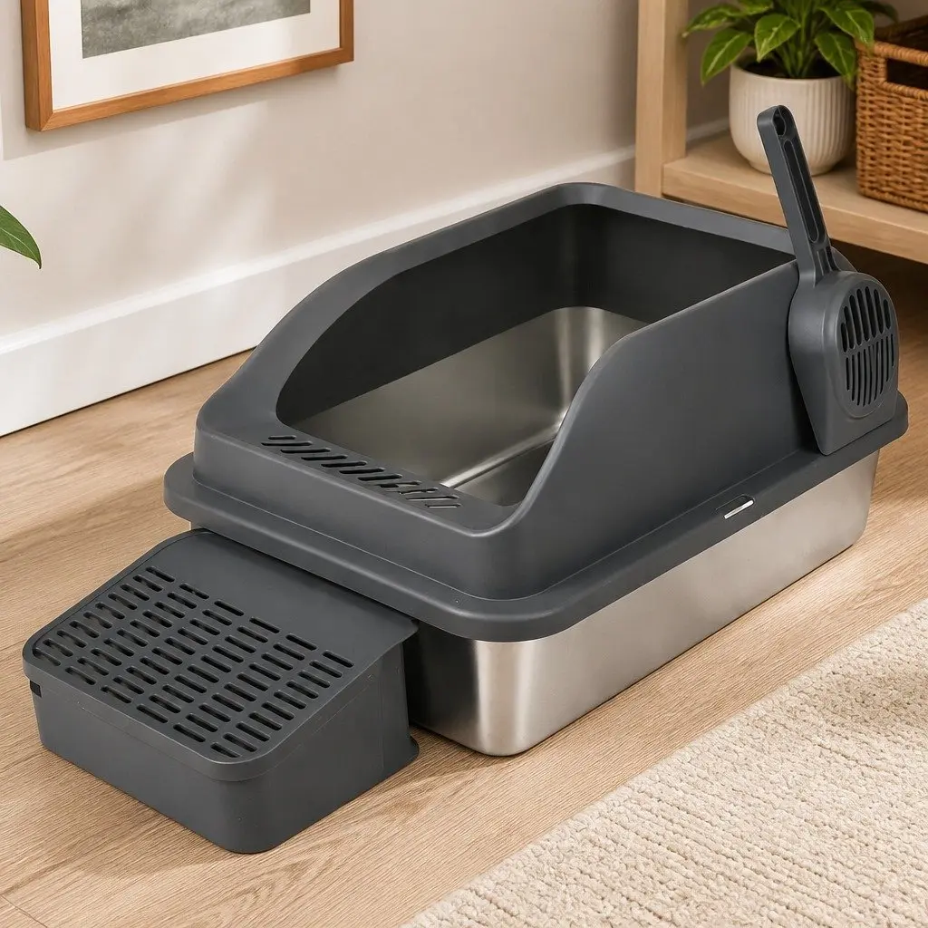 Stainless Steel Cat Litter Box Grey Large High Sided Semi Enclosed Easy Clean