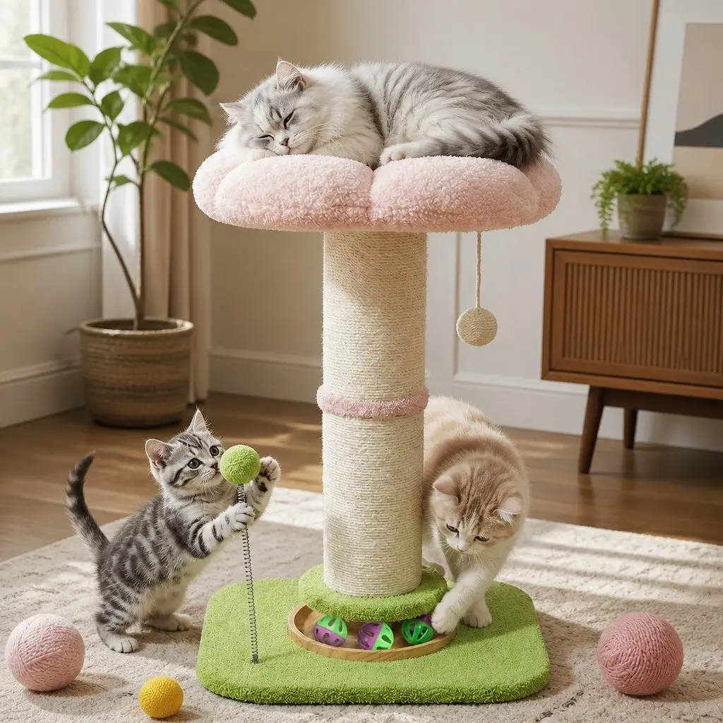 Cat Scratching Post Pink 61.5cm Flower Tower Plush Platform Interactive Play