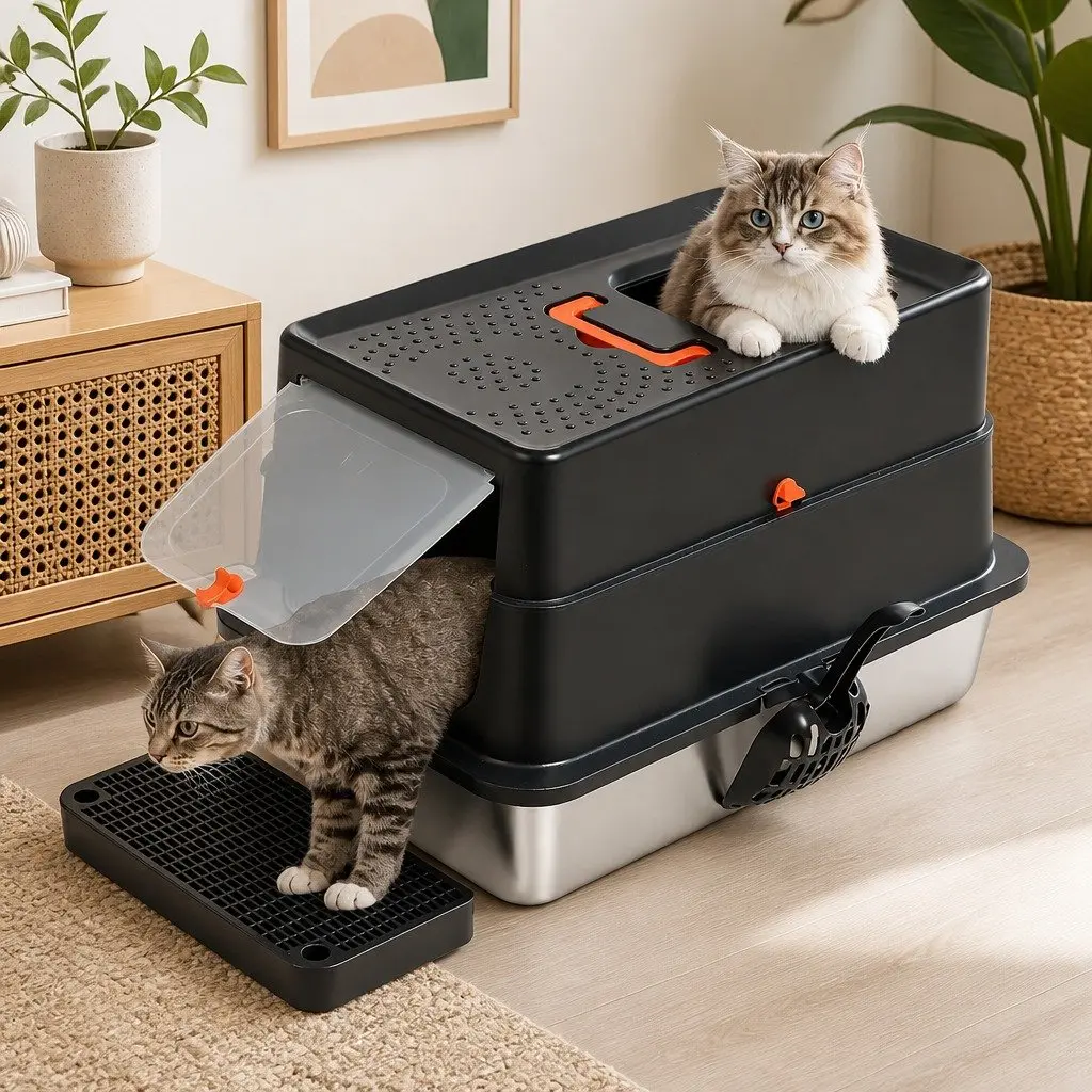 Large Cat Litter Box Black 60cm Stainless Steel High Sided Odour Control