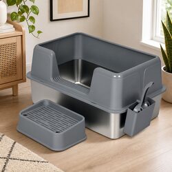 Stainless Steel Cat Litter Box Large Semi-Enclosed High-Sided Easy Clean Pet