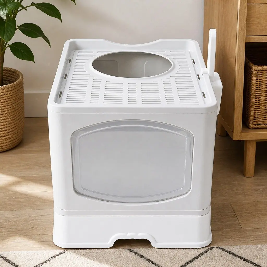 Large Cat Litter Box Top Entry Foldable Covered Tray Enclosed Private Space Grey