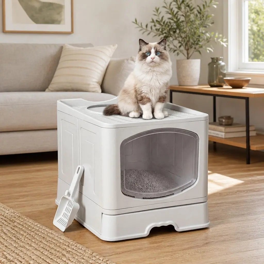 Large Cat Litter Box Top Entry Foldable Covered Tray Enclosed Private Space Grey