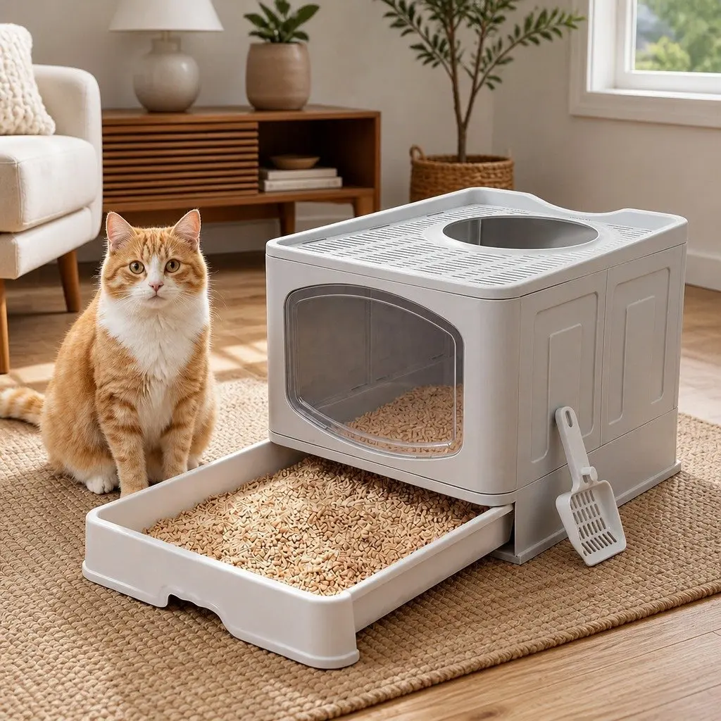 Large Cat Litter Box Top Entry Foldable Covered Tray Enclosed Private Space Grey