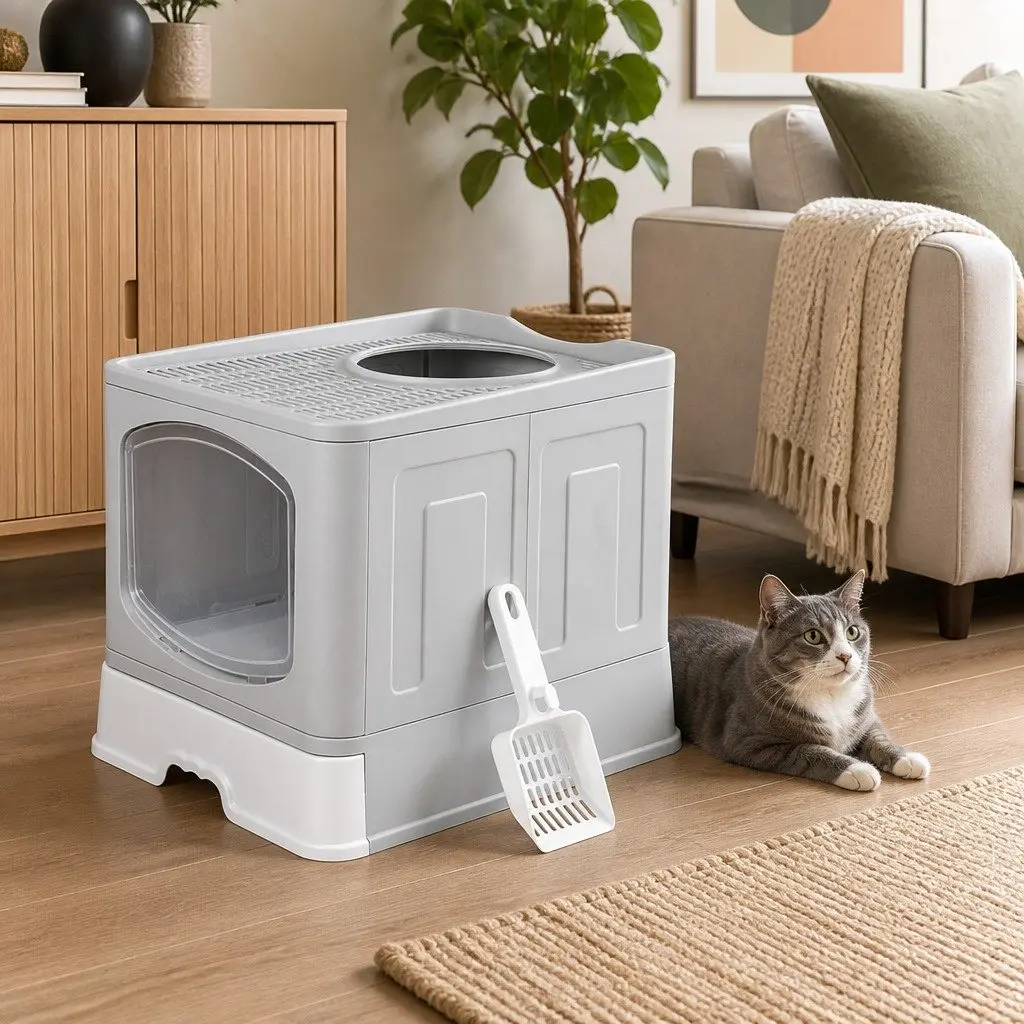 Large Cat Litter Box Top Entry Foldable Covered Tray Enclosed Private Space Grey