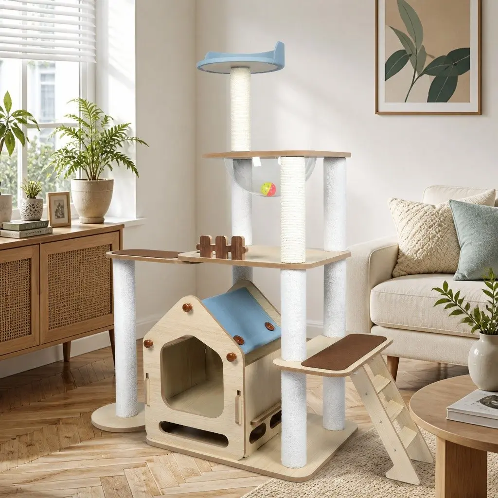 Cat Tree Tower Grey 120cm Multi-Level with Platforms Sleeping Den and Sisal Posts