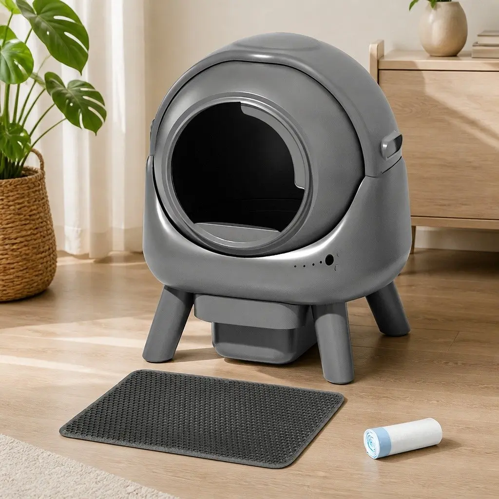 Self Cleaning Cat Litter Box Grey Low Entry APP Control Automatic Rolling Sifting 8L Waste Storage