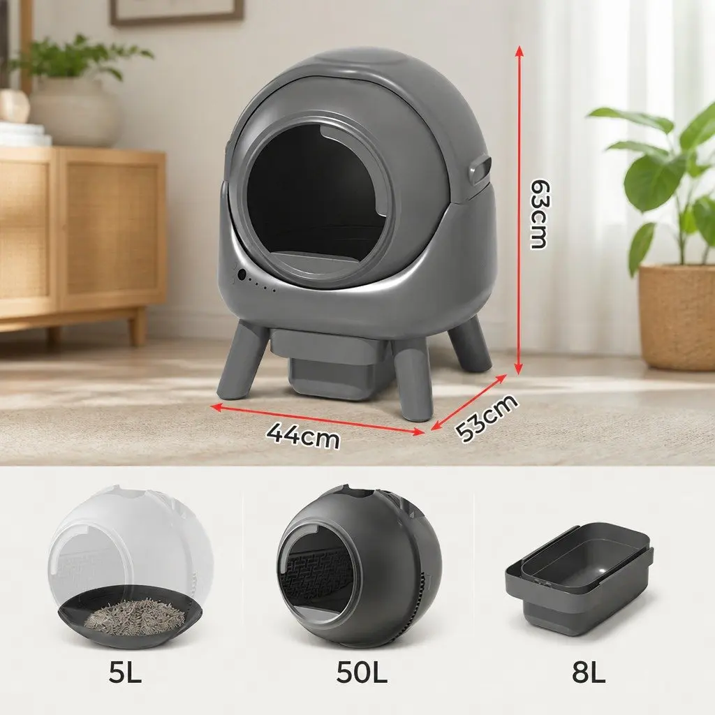 Self Cleaning Cat Litter Box Grey Low Entry APP Control Automatic Rolling Sifting 8L Waste Storage