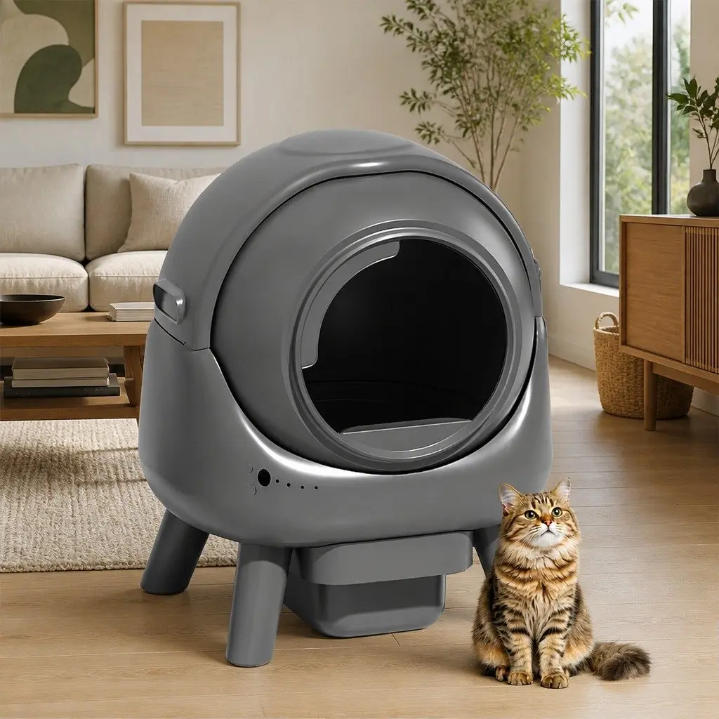 Self Cleaning Cat Litter Box Grey Low Entry APP Control Automatic Rolling Sifting 8L Waste Storage