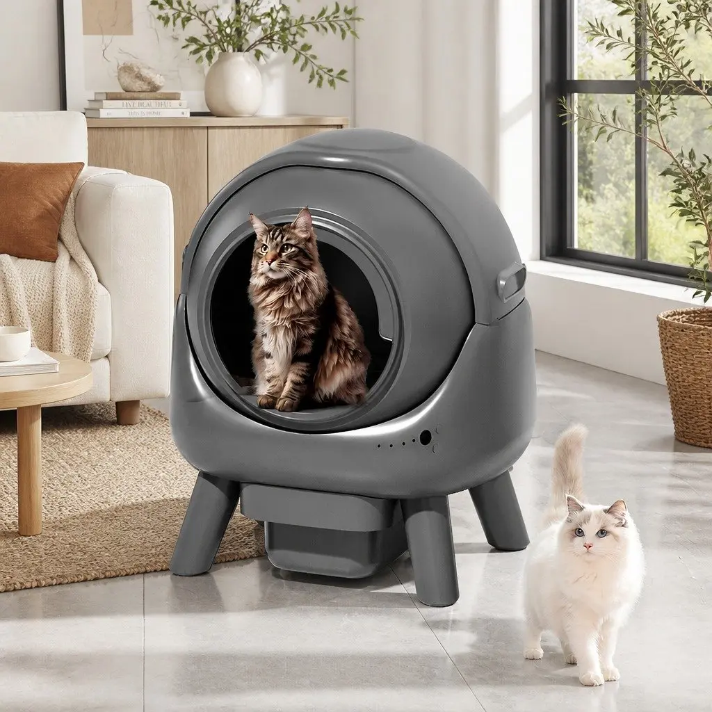 Self Cleaning Cat Litter Box Grey Low Entry APP Control Automatic Rolling Sifting 8L Waste Storage