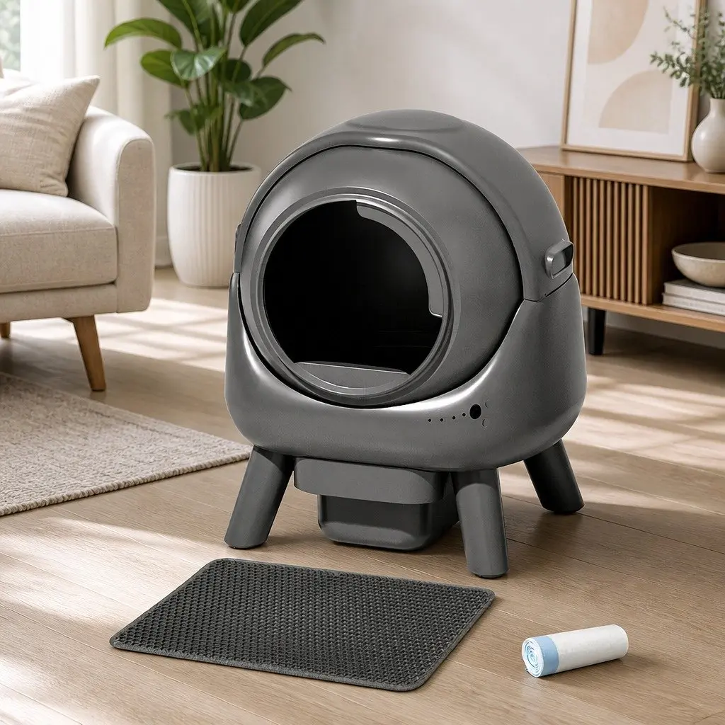 Self Cleaning Cat Litter Box Grey Low Entry APP Control Automatic Rolling Sifting 8L Waste Storage