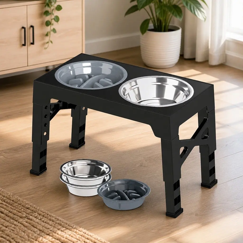 Elevated Dog Bowls Black Adjustable Heights Stainless Steel Slow Feeder