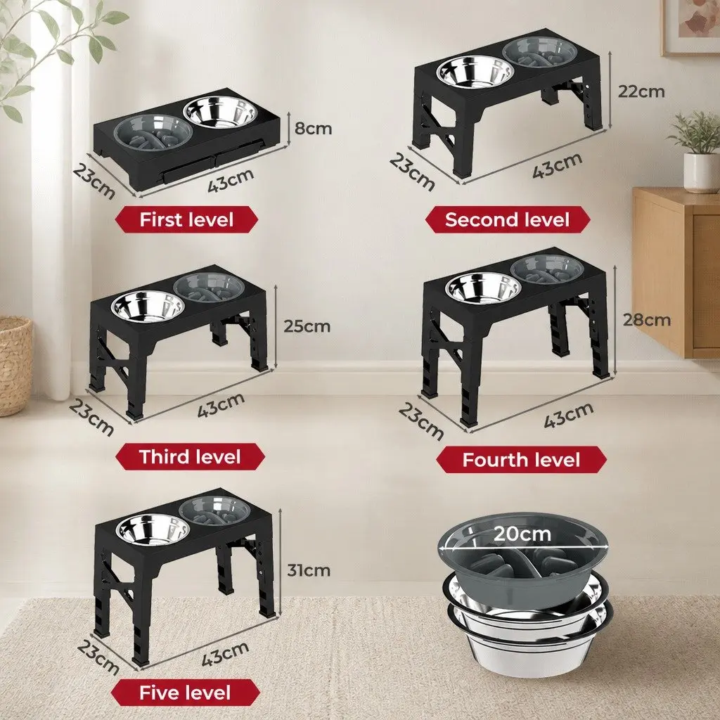 Elevated Dog Bowls Black Adjustable Heights Stainless Steel Slow Feeder