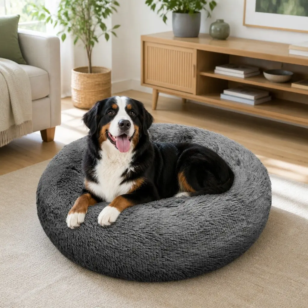 Pet Bed Dark Grey 100cm Round Nest Warm Plush Comfy Sleeping