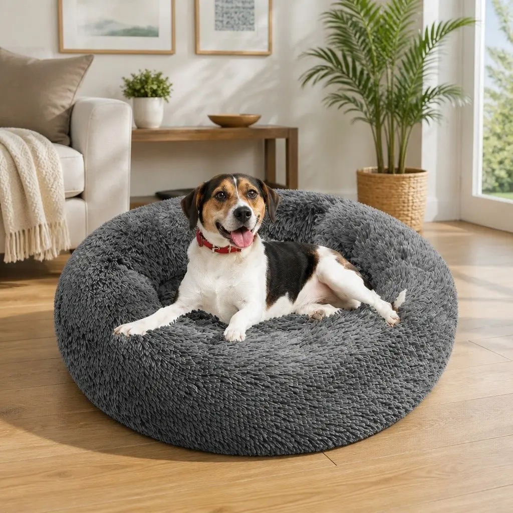 Pet Bed Dark Grey 100cm Round Nest Warm Plush Comfy Sleeping