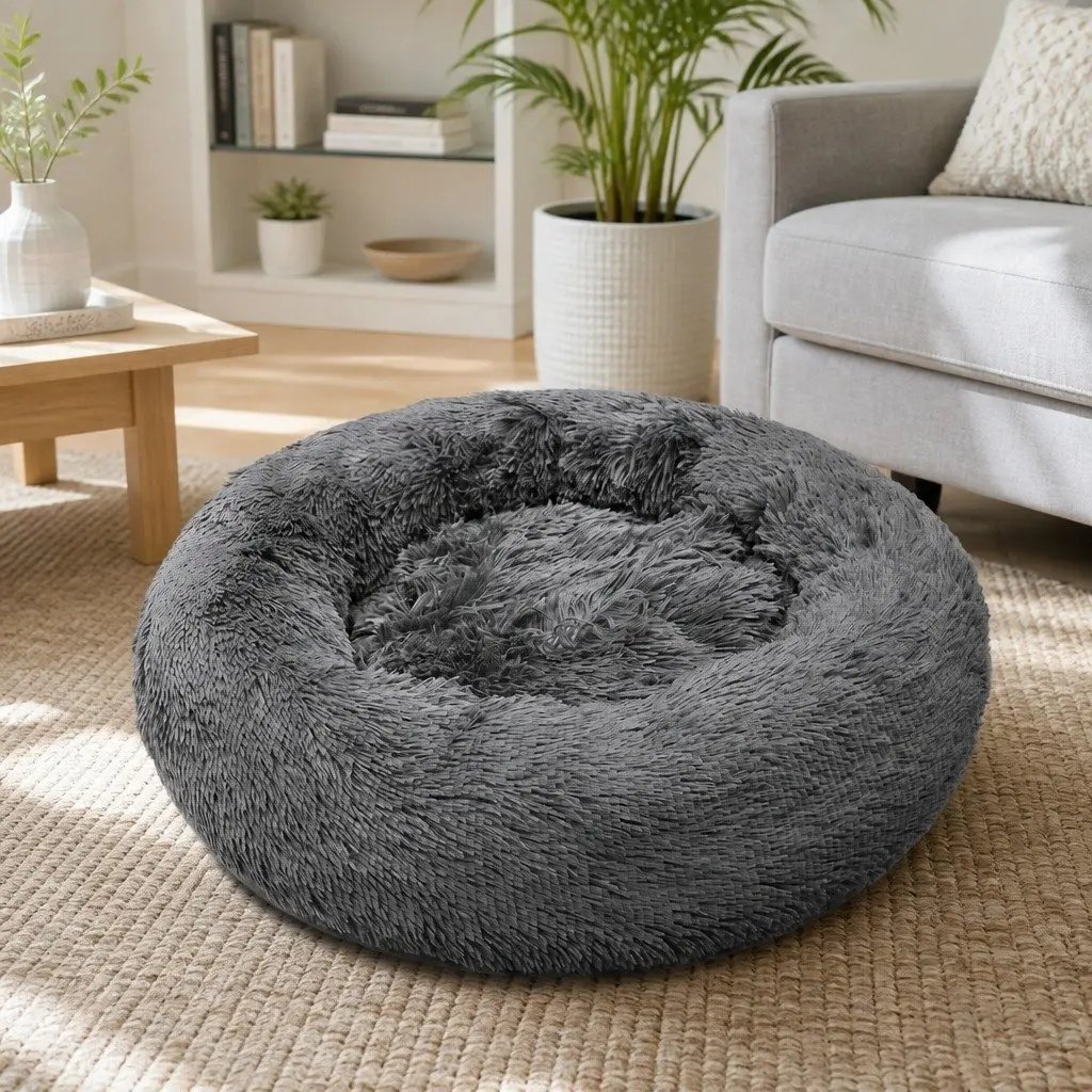 Pet Bed Dark Grey 100cm Round Nest Warm Plush Comfy Sleeping