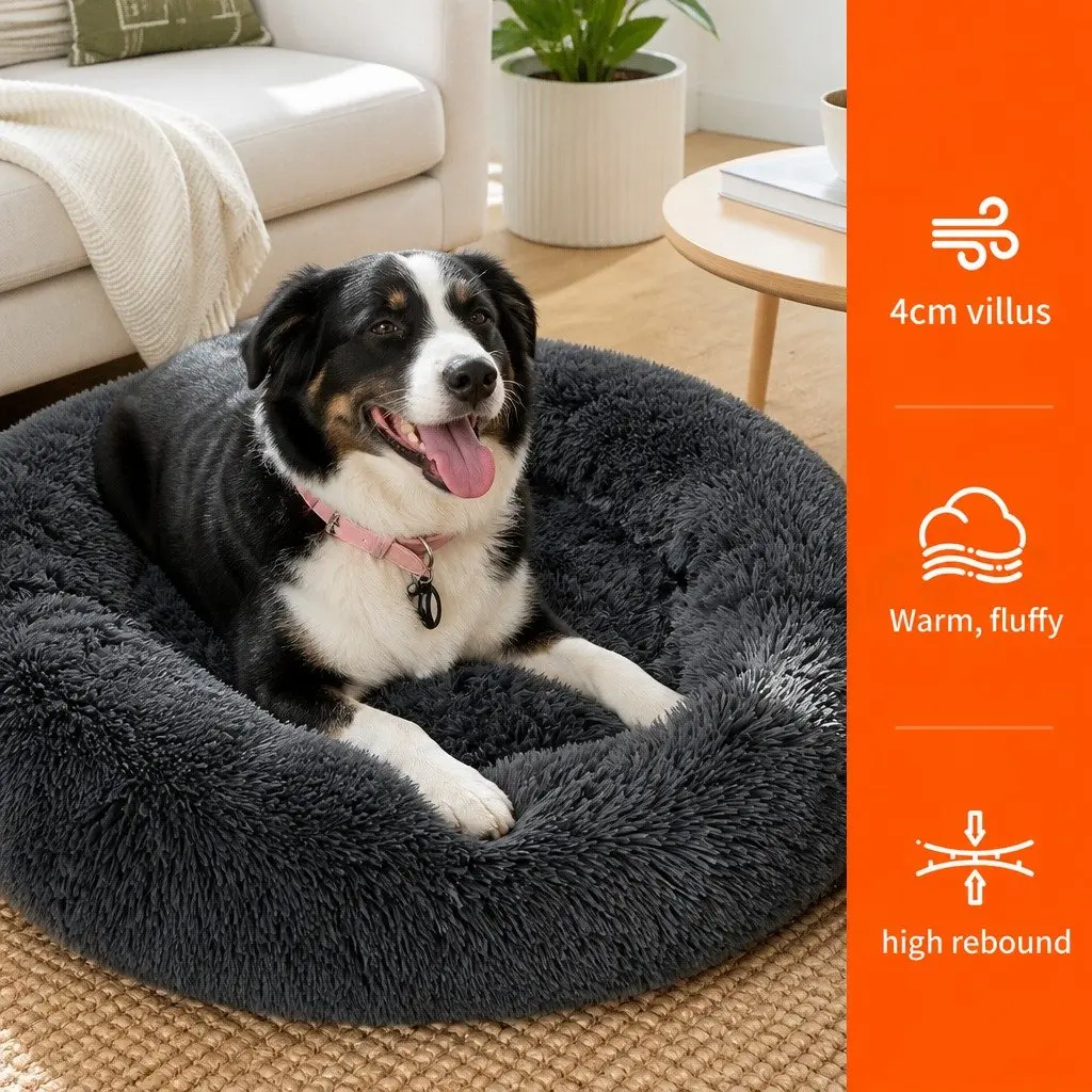 Pet Bed Dark Grey 100cm Round Nest Warm Plush Comfy Sleeping