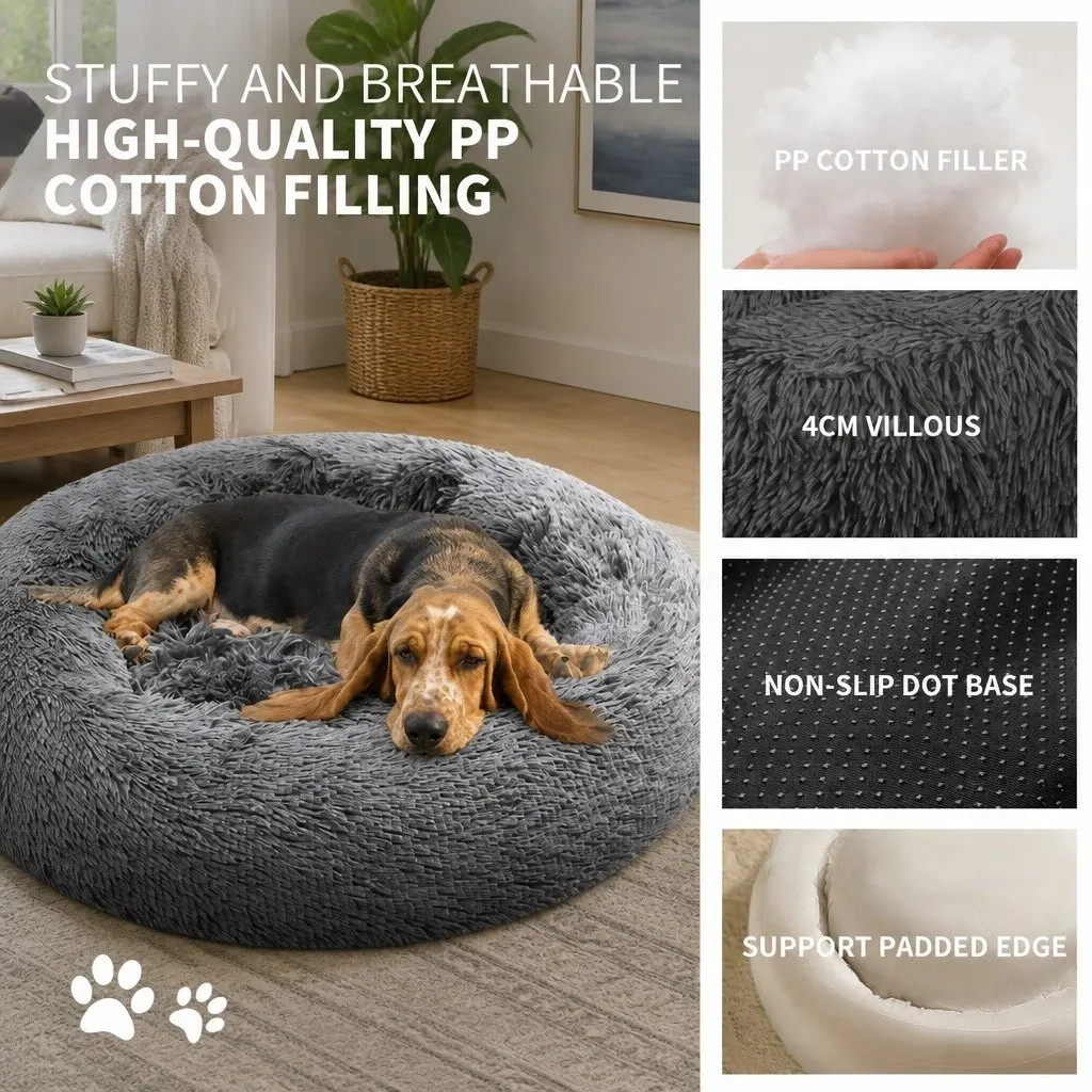 Pet Bed Dark Grey 100cm Round Nest Warm Plush Comfy Sleeping